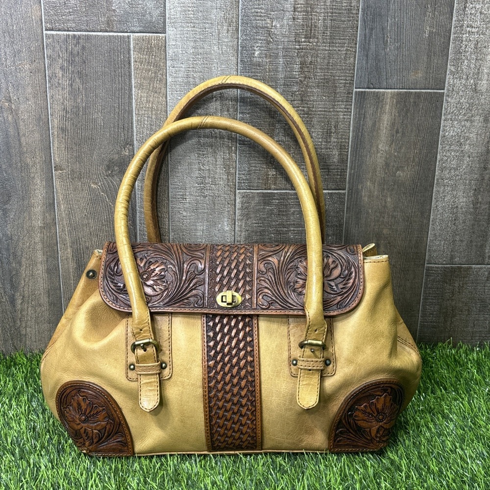 American Darling Western Tooled Leather Handbag Woven Floral Tan Tote Purse